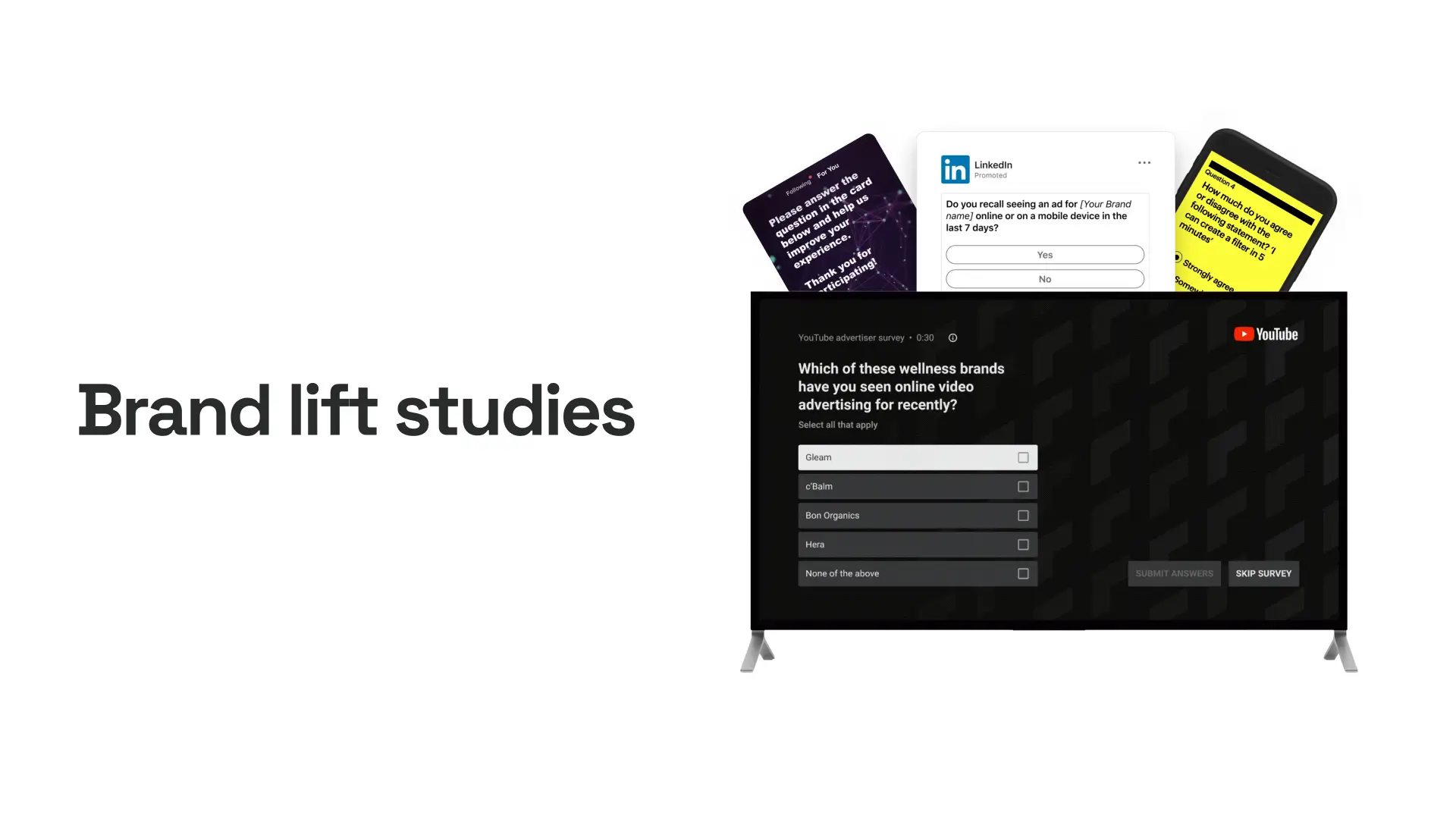 Brand lift studies graphic showing digital ad recall surveys on television and mobile screens.