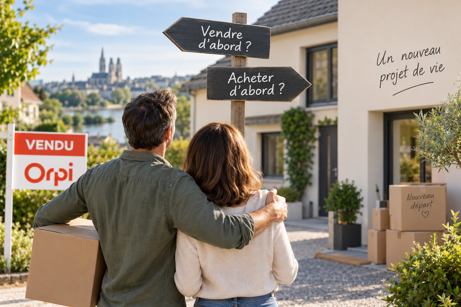 Deux personnes qui déménagent, une maison devant, deux panneaux "vendre" et "acheter"