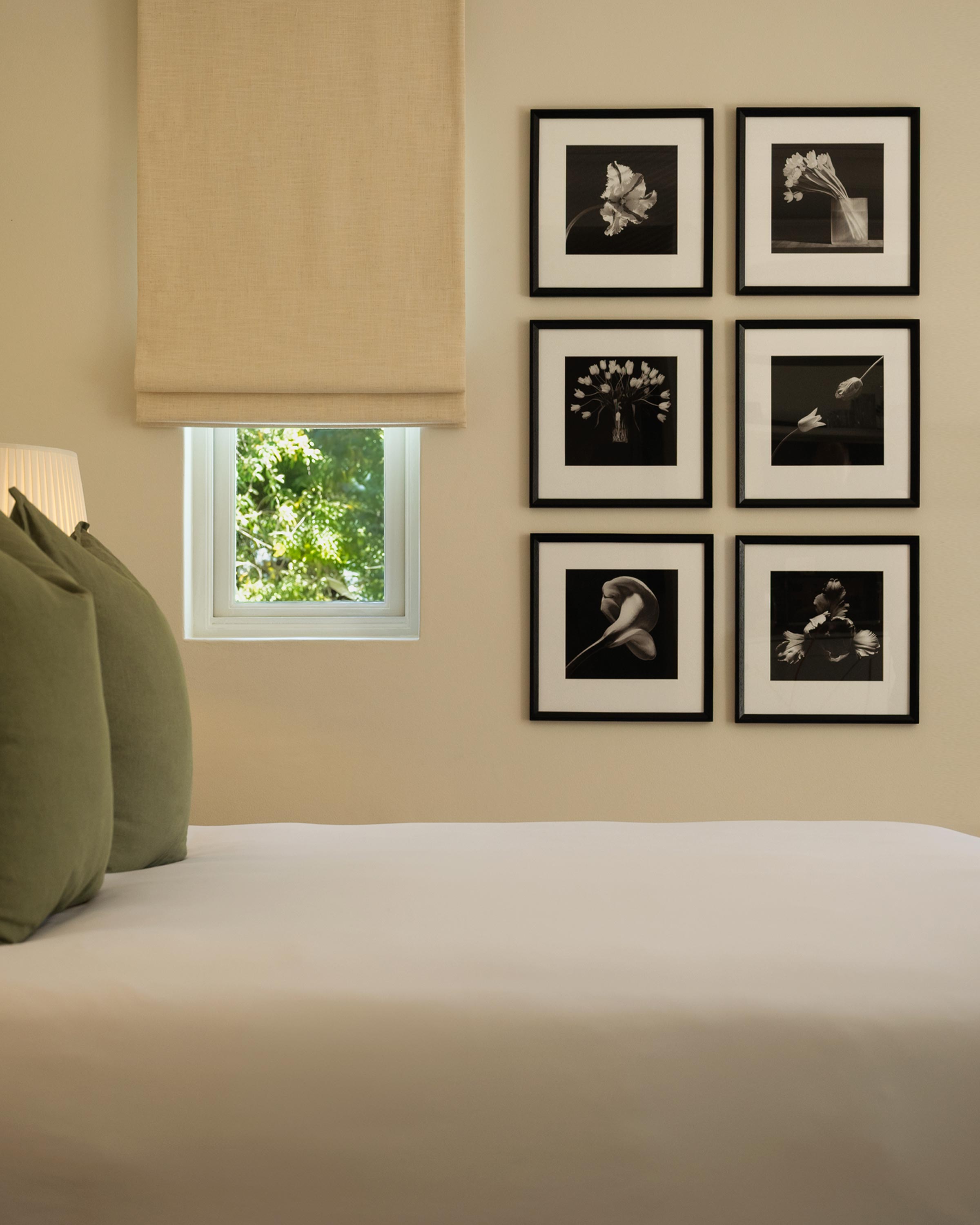 Luxury room interior with a photographic display wall. The bed has luxury pillows and duvet