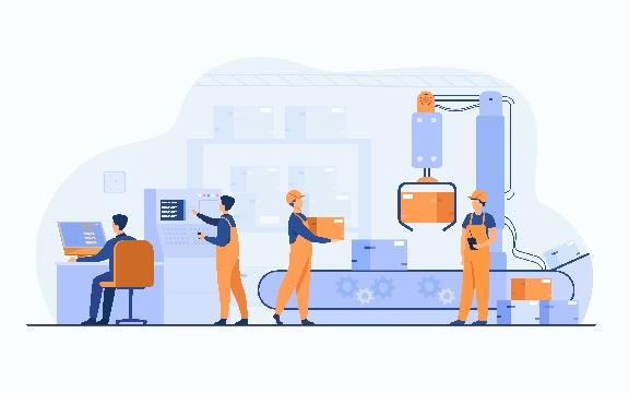 A group of people in overalls working in a factoryAI-generated content may be incorrect.
