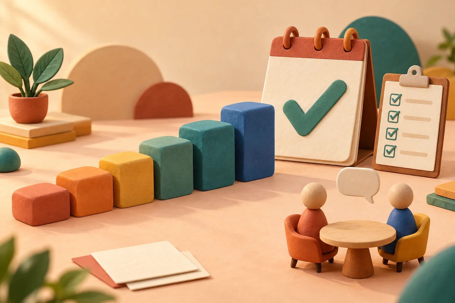 Illustration of six stepping blocks leading to a calendar with a checkmark, representing a six-week year-end performance review checklist