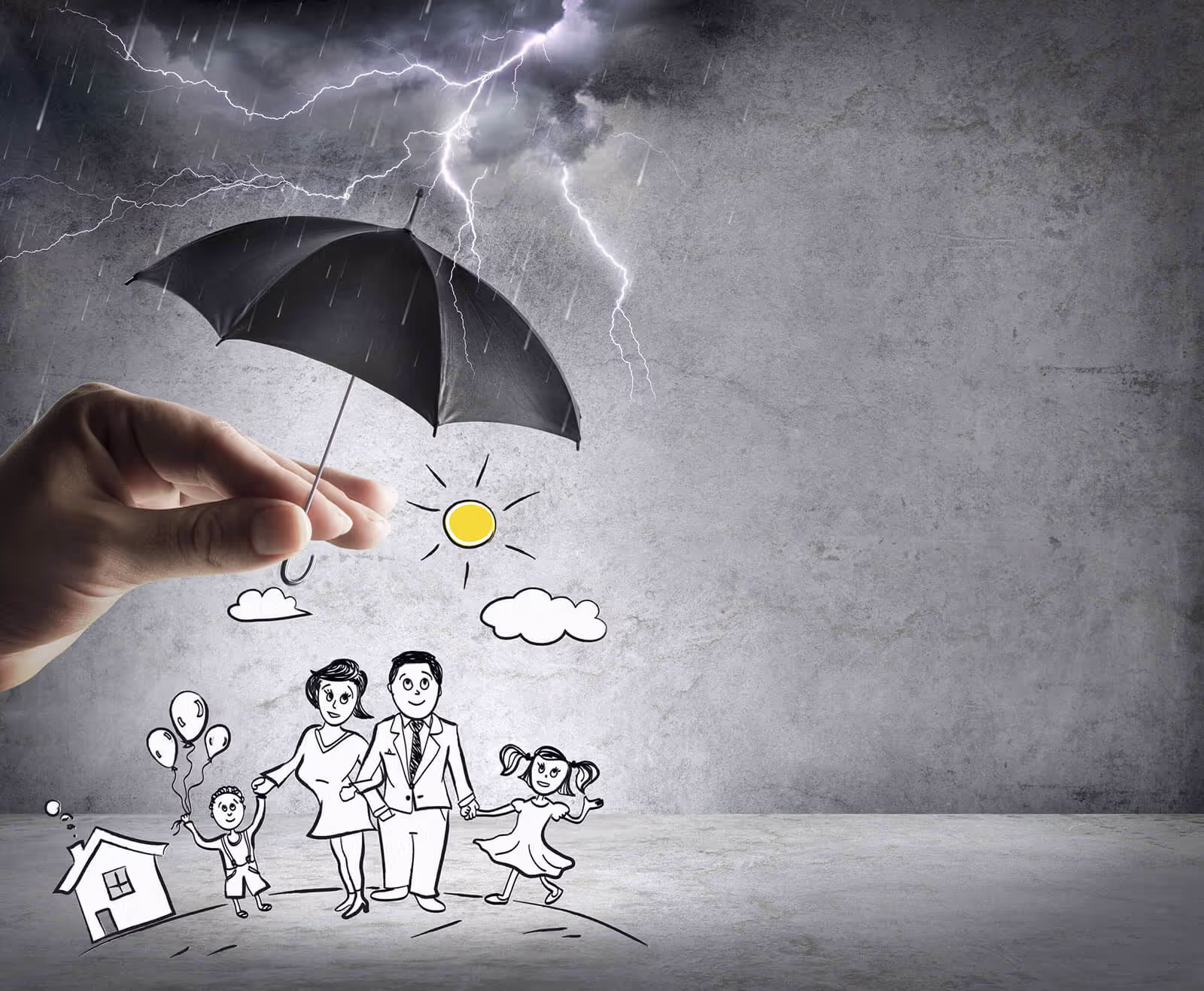 hand holding umbrella over family next to their house - illustration