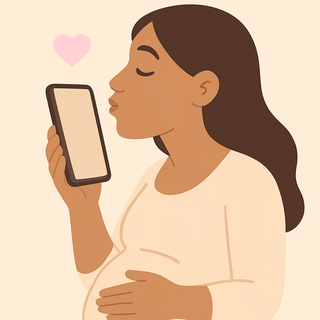 Pregnant woman kissing phone.