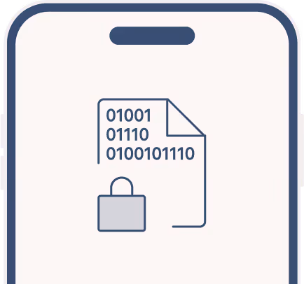 Obrázek mobilního telefonu se symbolem dokumentu s binárním kódem a ikonou zámku, znázorňující šifrování dat.