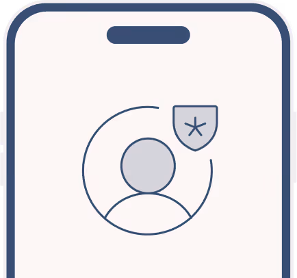 Ikona osoby na obrazovce mobilního telefonu s štítem označujícím ochranu soukromí.