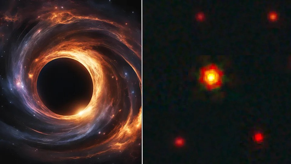 (Left): An illustration of a feeding supermassive black hole. (Right) The &quot;red dots&quot; identified in the region of the sky around the quasar J1030. BiRD is the object in the center: it stands out from the other red dots because it is closer and, therefore, brighter.