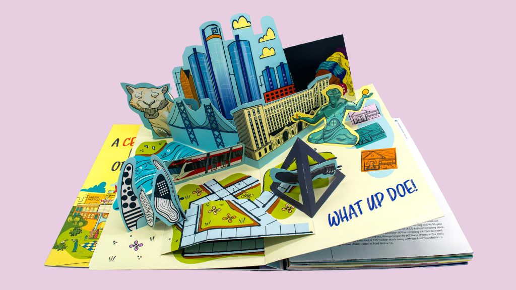 A report spread featuring a pop-up of Detroit's cityscape.