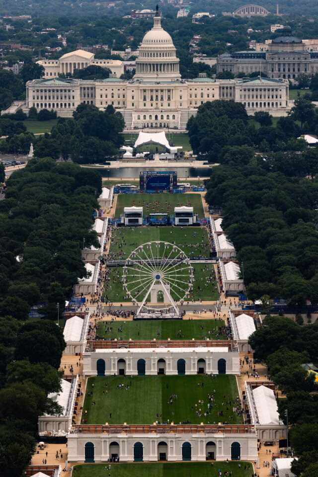 WASHINGTON, DC - JUNE 27: An aerial view of the U.S. Capitol behind the 110-foot "Freedom 250" ferris wheel on the third day of the "Great American State Fair" on the National Mall as seen from the Washington Monument on June 27, 2026 in Washington, DC. The Freedom 250-backed Great American State Fair celebrating the 250th anniversary of the United States runs through July 10th. (Photo by Tierney L. Cross/Getty Images)