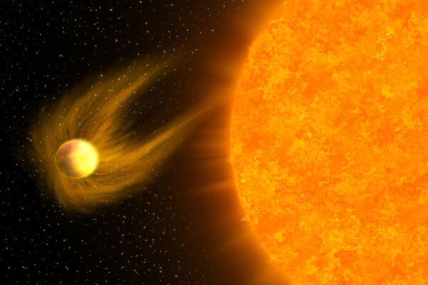 An illustration of a large bright star engulfing a planet against a starry background.