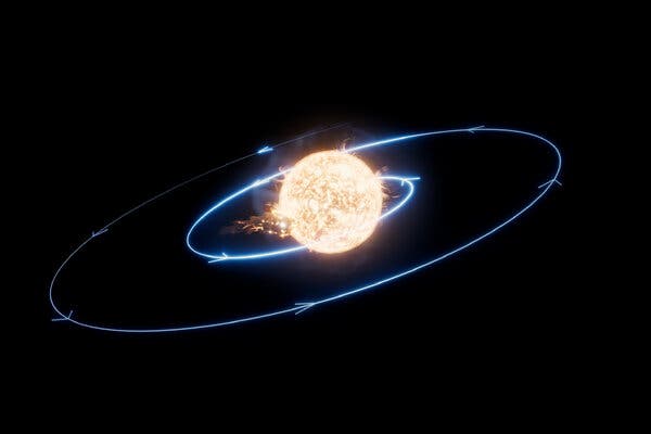 A computer-generated graphic showing the path of a planet spiraling into a bright fiery star against the blackness of space.