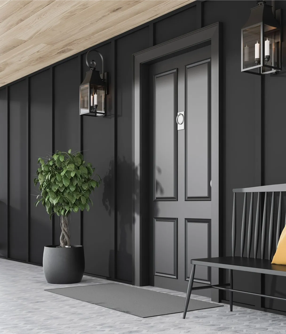 A black door with a white door knob and a black bench with a yellow pillow.