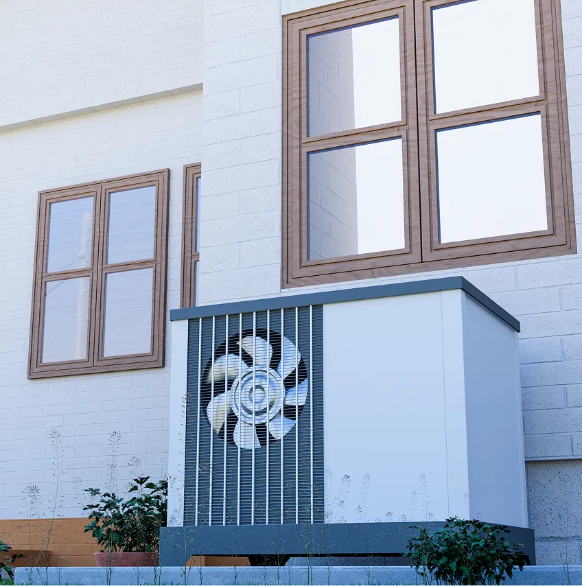 A white air conditioner with a fan on the side of a building.