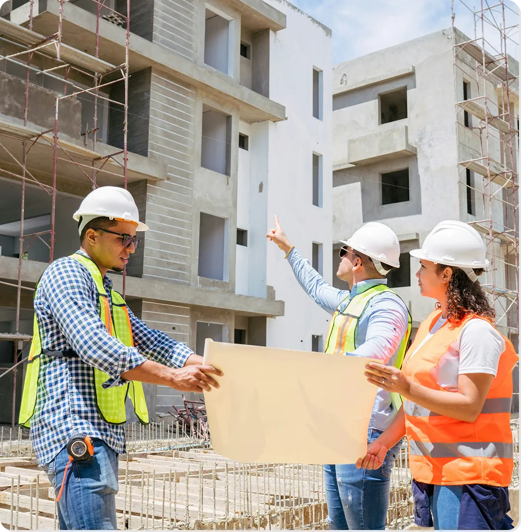 Three construction workers holding a blueprint.