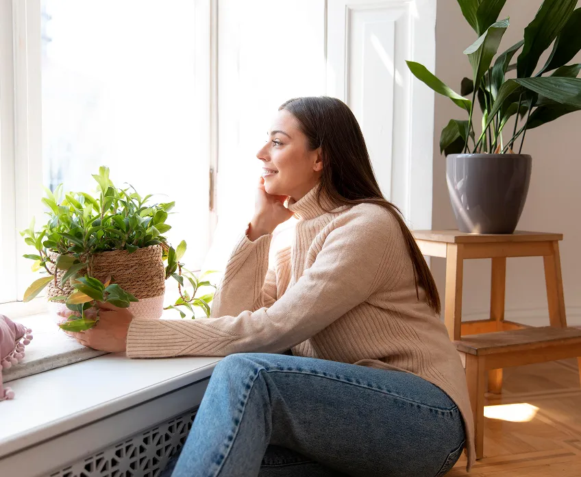 A woman sitting in front of a window with a potted plant.