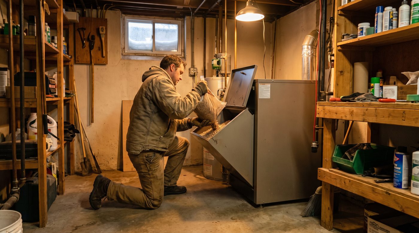 Technicien qui remplit la trémie d'une fournaise à granules dans une salle mécanique résidentielle