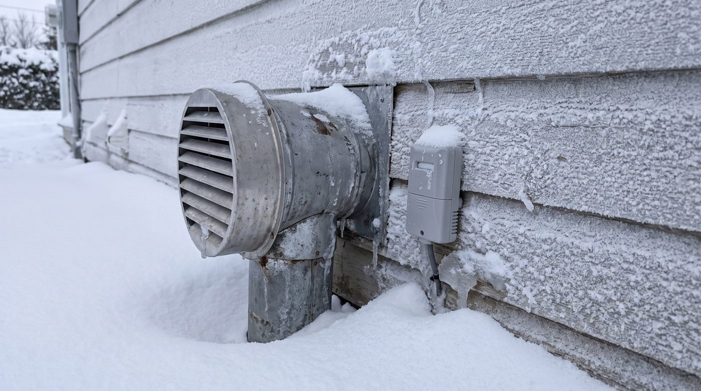 Sonde de température extérieure et évent d'un appareil d'appoint au gaz naturel sur le mur d'une maison