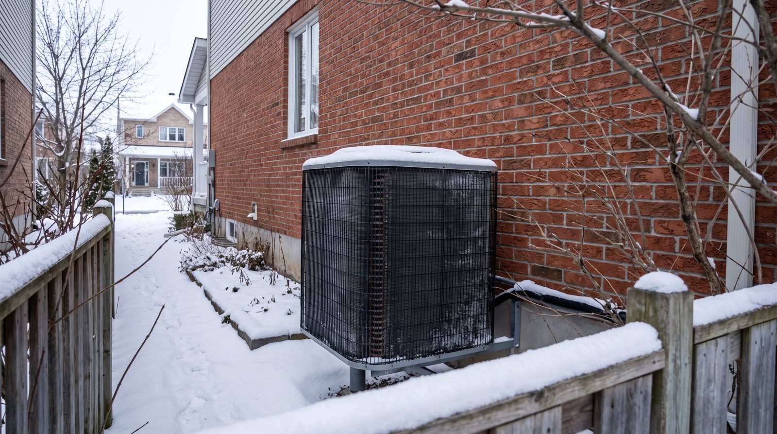 Unité extérieure de thermopompe centrale installée près d'un mur de briques d'une maison québécoise en plein hiver.