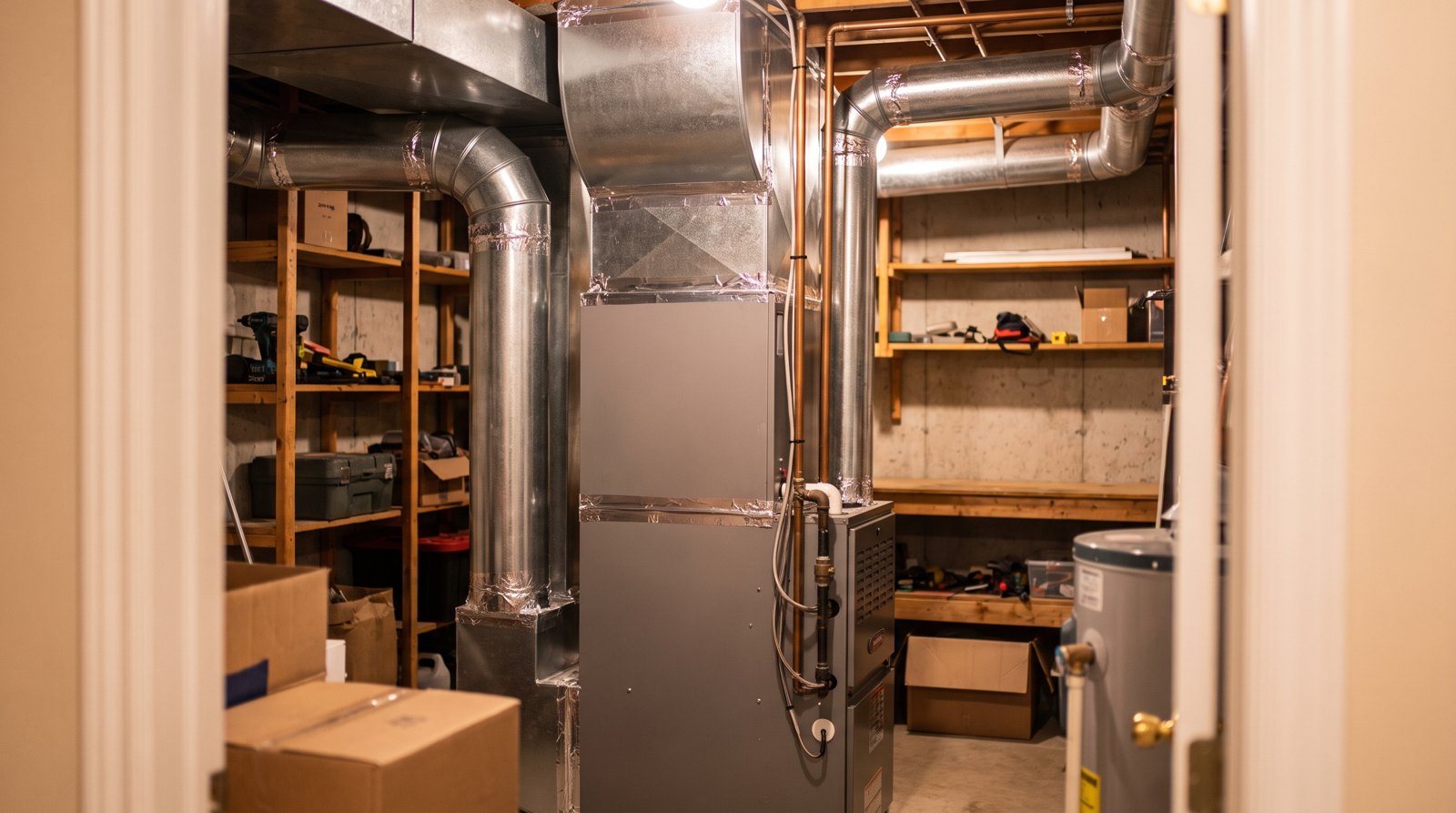 Fournaise électrique moderne et conduits de ventilation en acier galvanisé dans le sous-sol d'une résidence au Québec.
