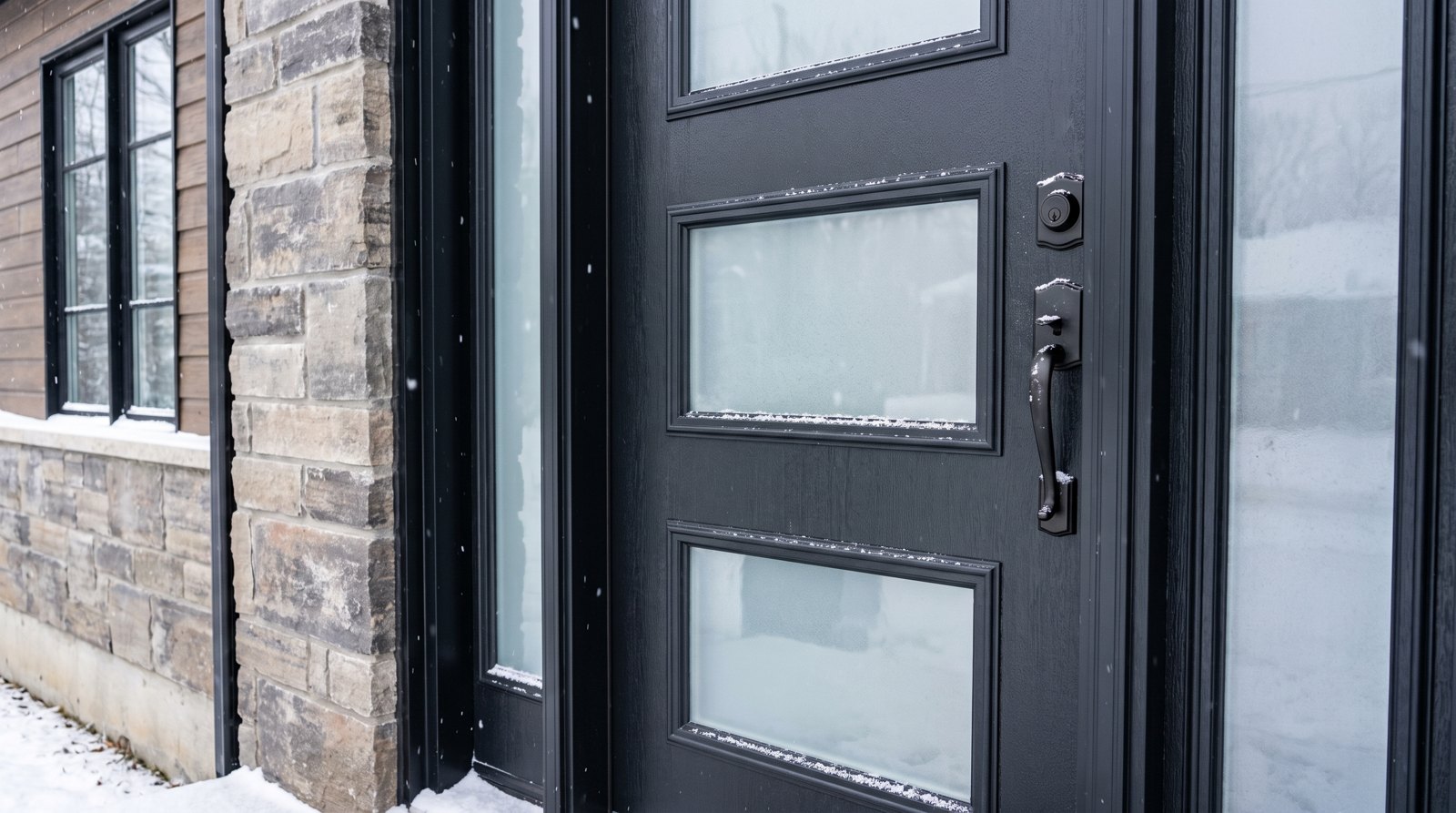 Gros plan sur une porte d'entrée en fibre de verre anthracite avec vitrage givré et cadres de fenêtres assortis.