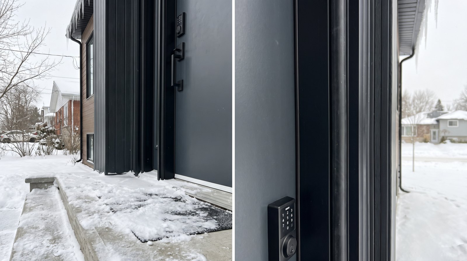 Porte d'entrée moderne en fibre de verre grise avec serrure intelligente, sur le perron enneigé d'une maison au Québec.