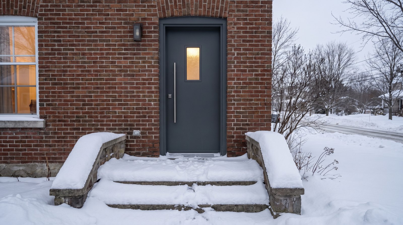 Façade d'une maison québécoise en hiver montrant une porte d'entrée en acier isolée avec un vitrage givré.