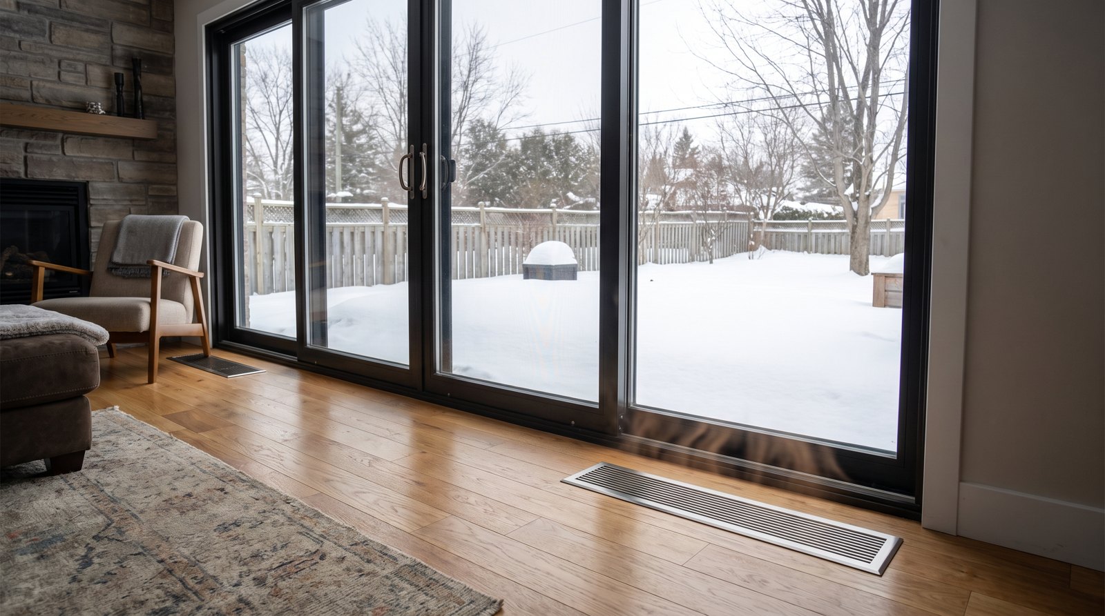 Porte-fenêtre coulissante dans un salon québécois, avec une grille de ventilation au sol pour prévenir la condensation.