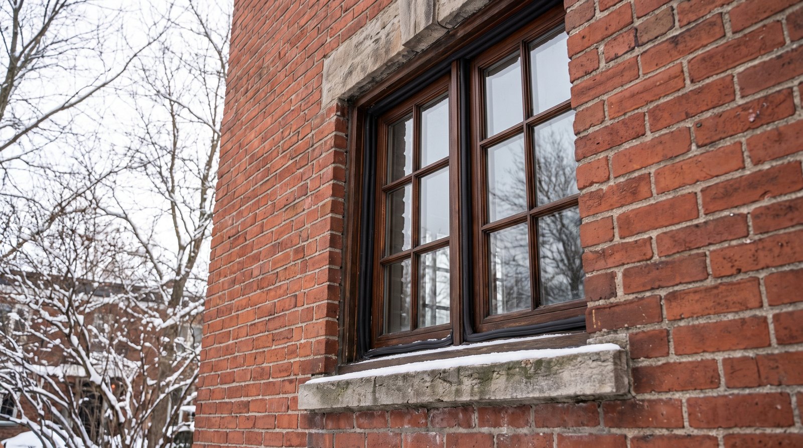 Vue extérieure d'une fenêtre à battant installée sur une façade en briques rouges typique du Québec en plein hiver.