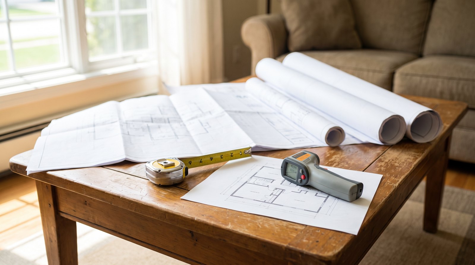 Plans d'architecture, ruban à mesurer et thermomètre sur une table pour le calcul de la charge thermique résidentielle.