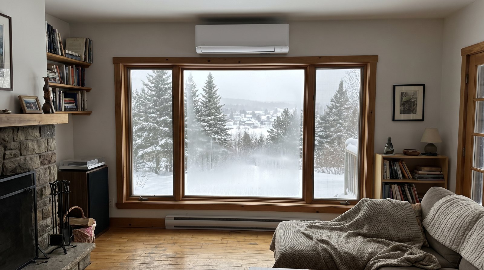 Unité intérieure de thermopompe moderne fixée au mur d'un salon chaleureux au-dessus d'une fenêtre en hiver.
