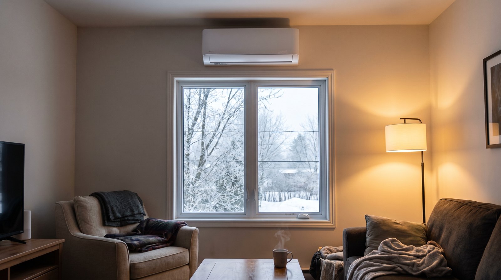 Thermopompe murale intérieure installée au-dessus d'une fenêtre moderne dans un salon québécois confortable en hiver.