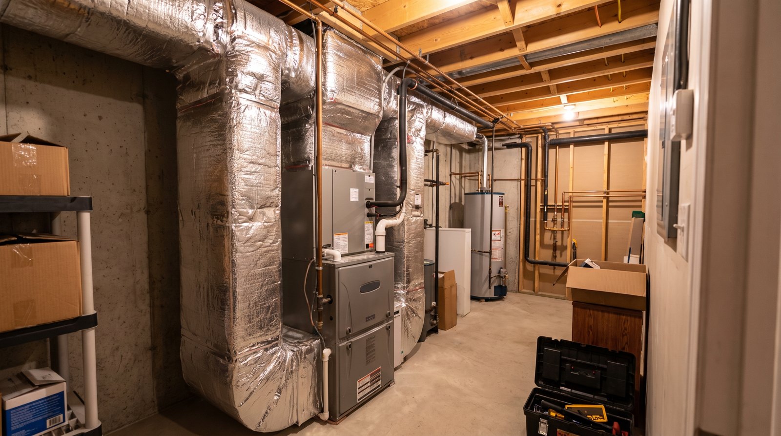 Salle mécanique résidentielle québécoise avec une fournaise électrique centrale moderne et conduits de ventilation.