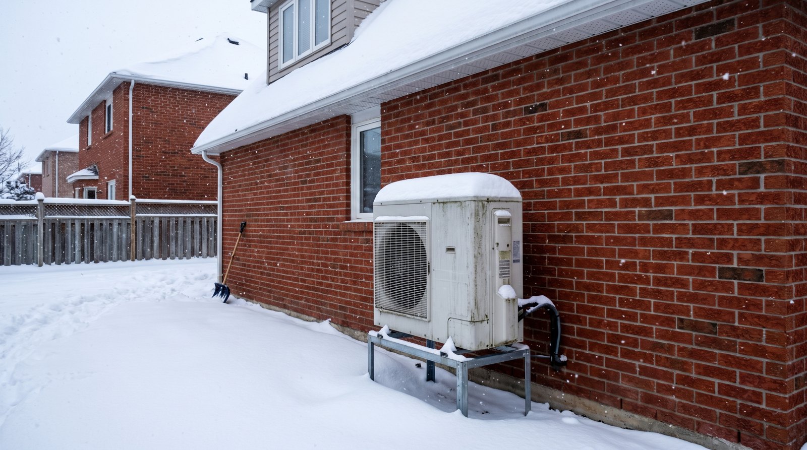 Unité extérieure de thermopompe résidentielle installée près d'une maison québécoise en brique sous la neige en hiver.