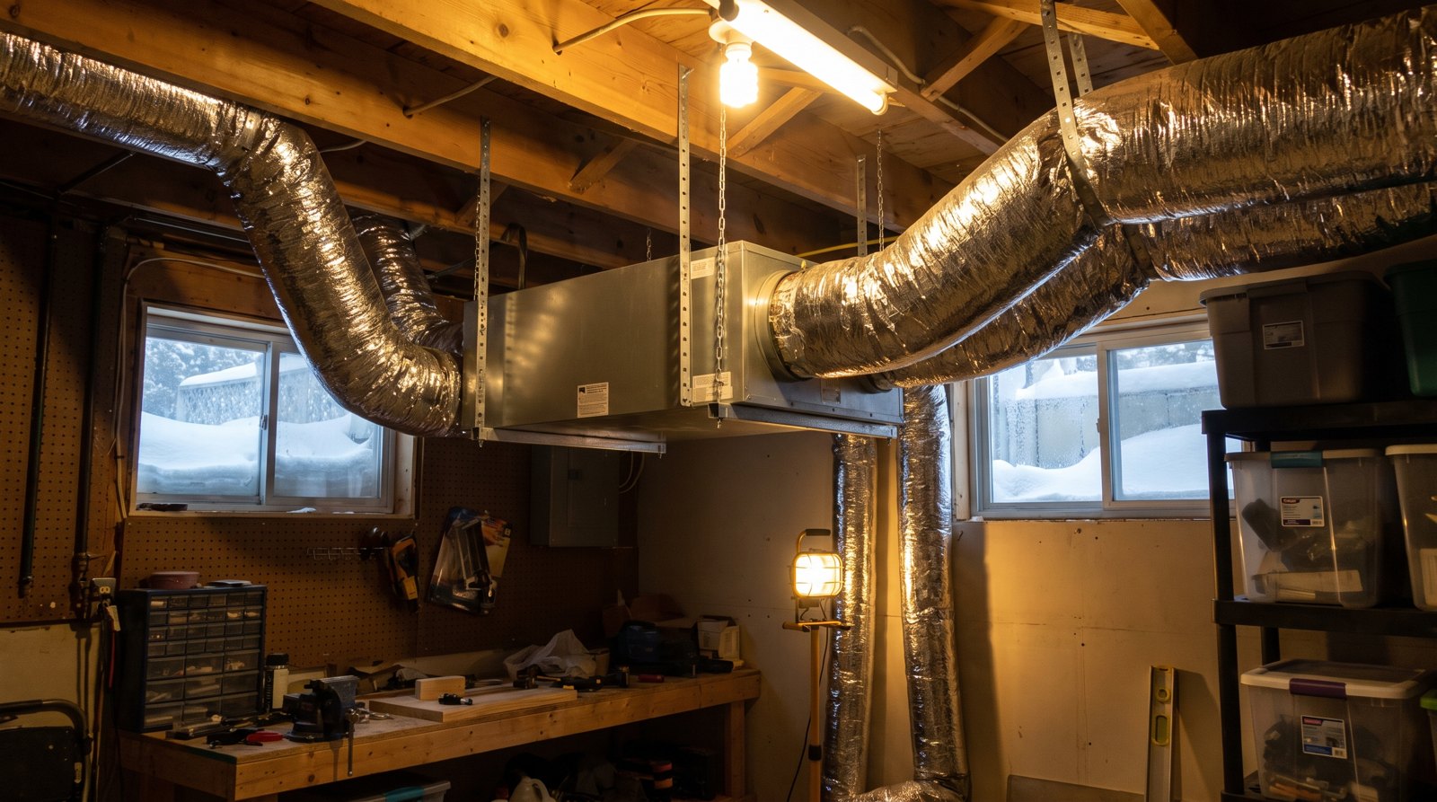 Échangeur d'air résidentiel suspendu au plafond d'un sous-sol québécois avec ses conduits flexibles isolés.