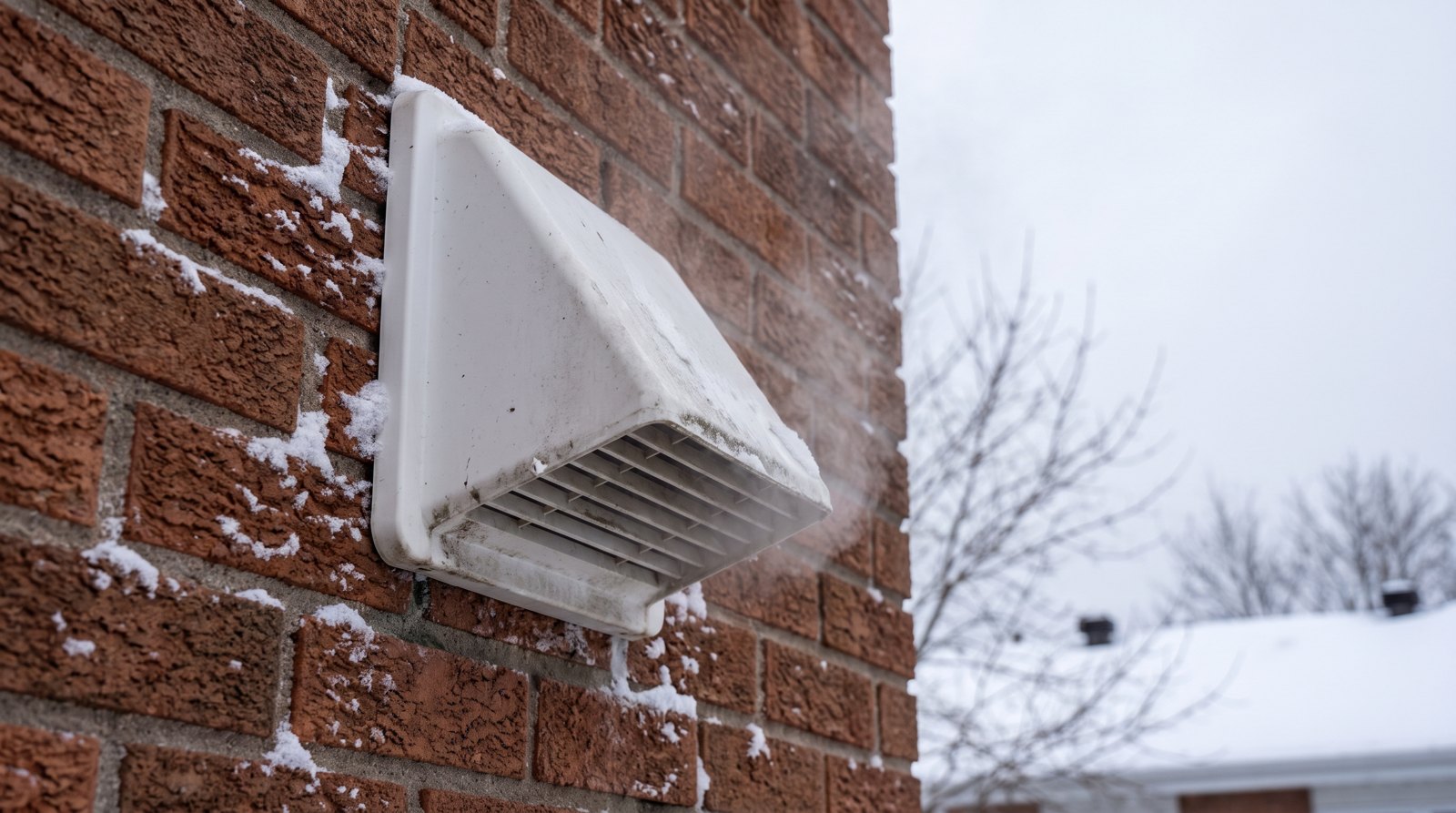 Sortie de ventilation extérieure d'un échangeur d'air sur un mur de briques enneigé lors d'un hiver au Québec.