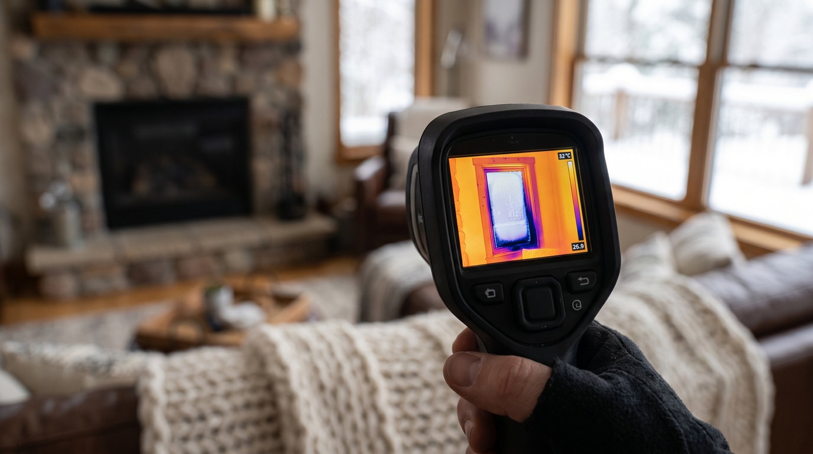 Caméra thermique affichant les pertes de chaleur bleutées autour d'une fenêtre dans une maison québécoise en hiver.