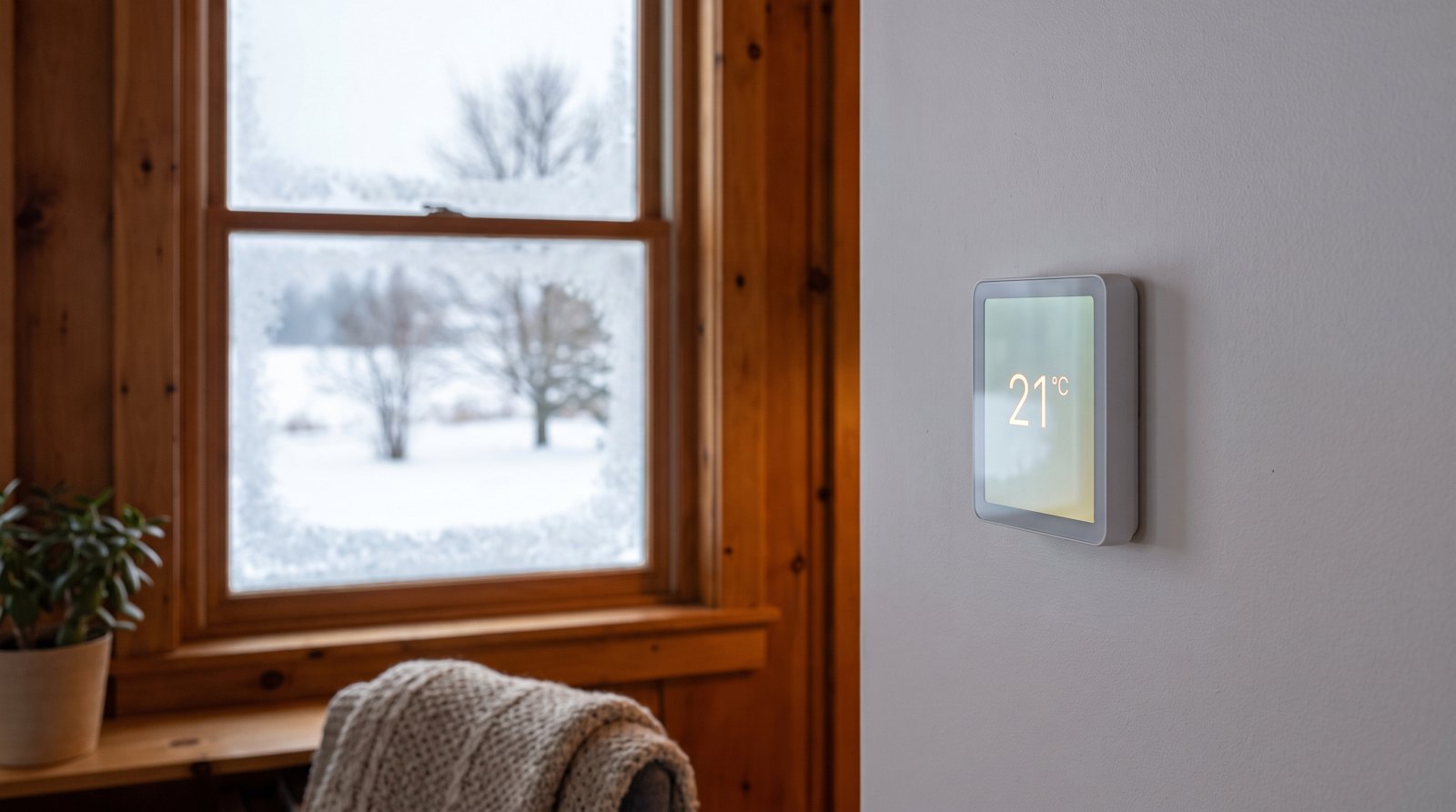 Thermostat intelligent moderne sur un mur intérieur, optimisant le chauffage d'une maison québécoise pendant l'hiver.