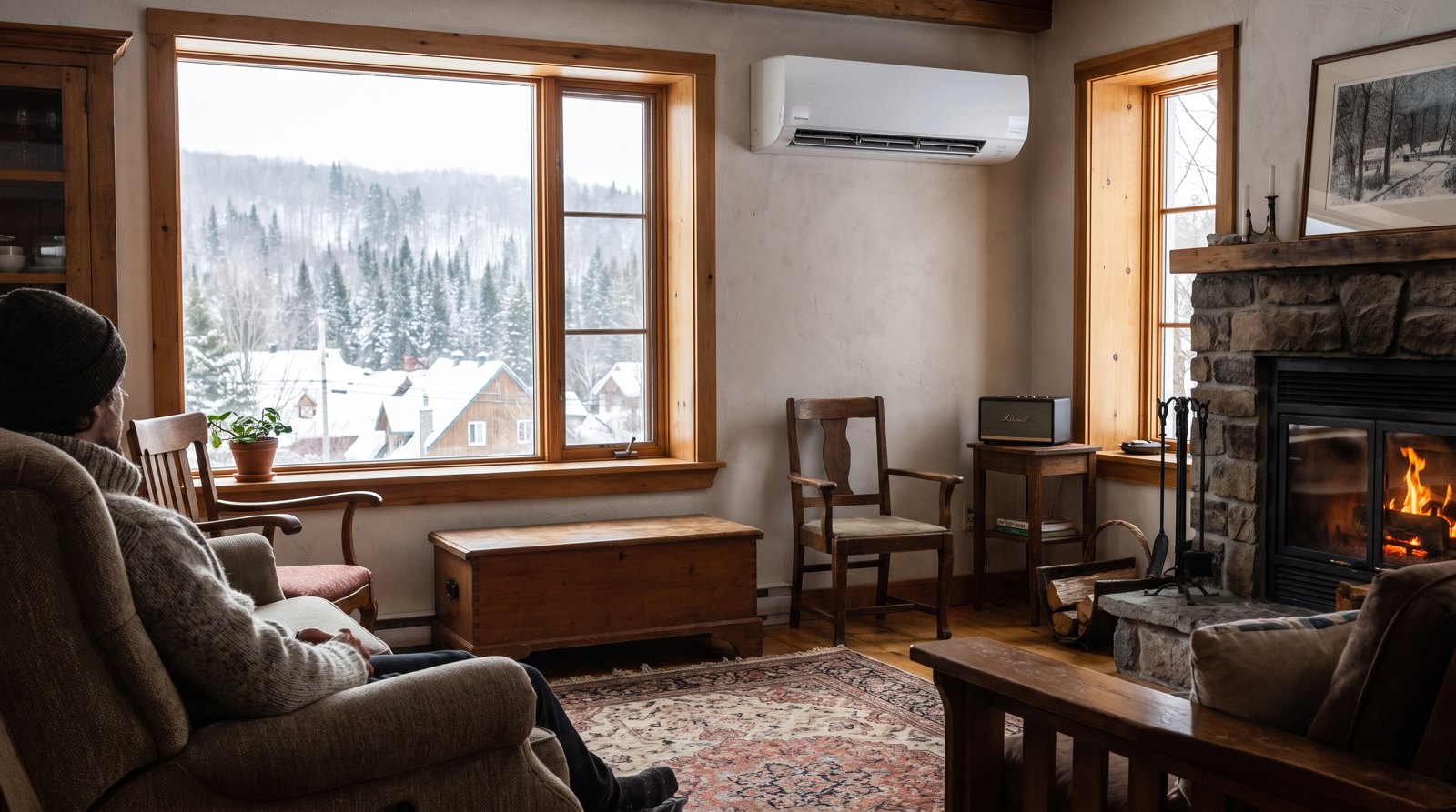 Unité murale intérieure de thermopompe moderne installée dans un salon québécois confortable avec vue sur l'hiver.