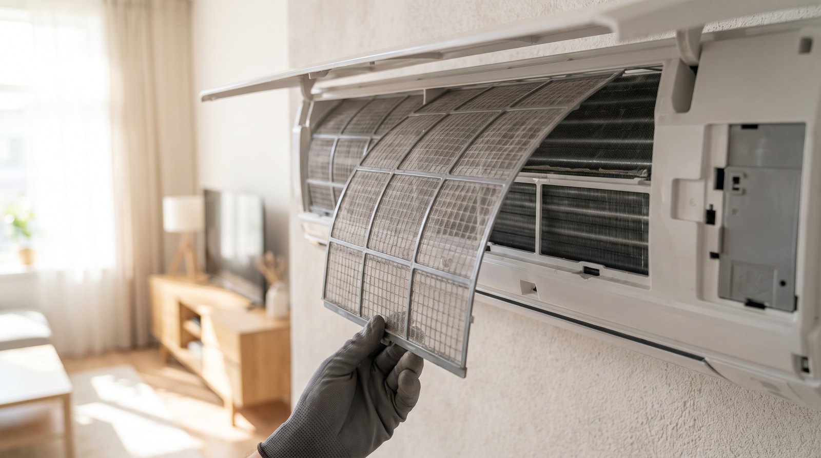 Filtres à poussière partiellement retirés d'une thermopompe murale intérieure ouverte pour un nettoyage régulier.