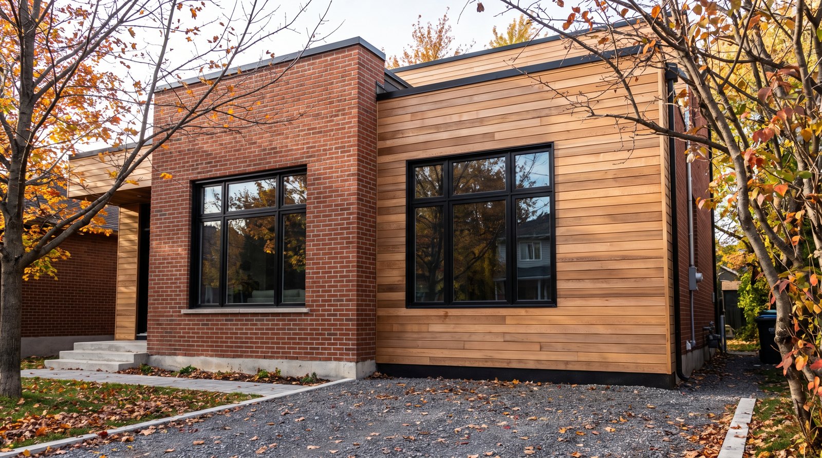 Façade extérieure d'une maison québécoise moderne avec d'élégantes fenêtres en aluminium noir encastrées dans la brique.