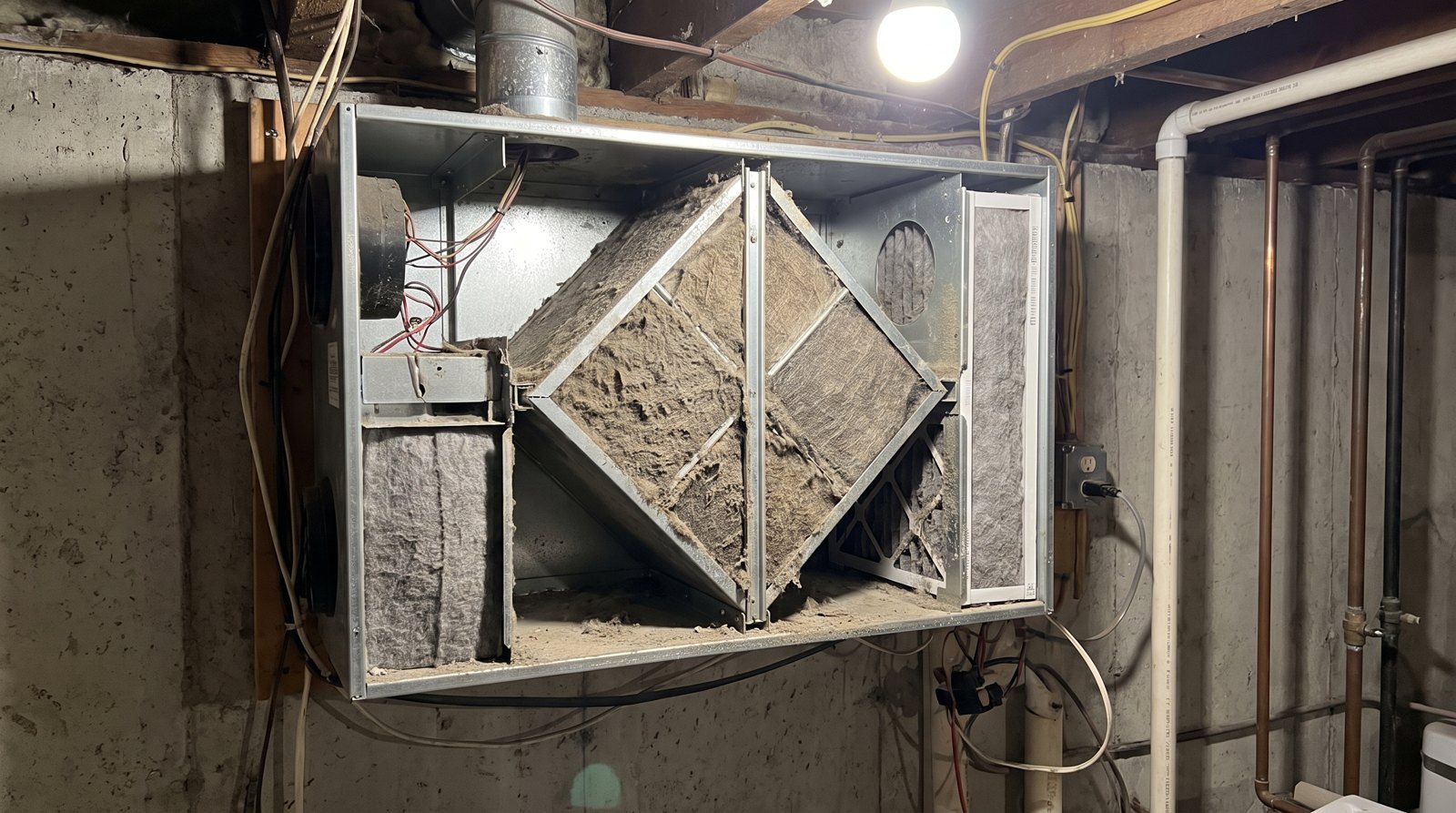 Noyau récupérateur de chaleur et filtres encrassés dans un échangeur d'air ouvert au sous-sol d'une maison.