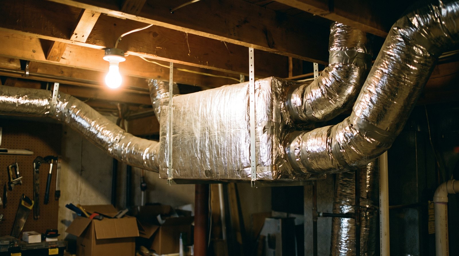 Échangeur d'air VRC installé au plafond d'un sous-sol québécois avec ses conduits isolés pour ventiler la maison.