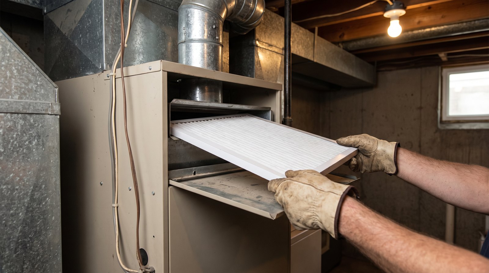 Remplacement du filtre à air d'un système de chauffage central dans un sous-sol résidentiel pour l'entretien.