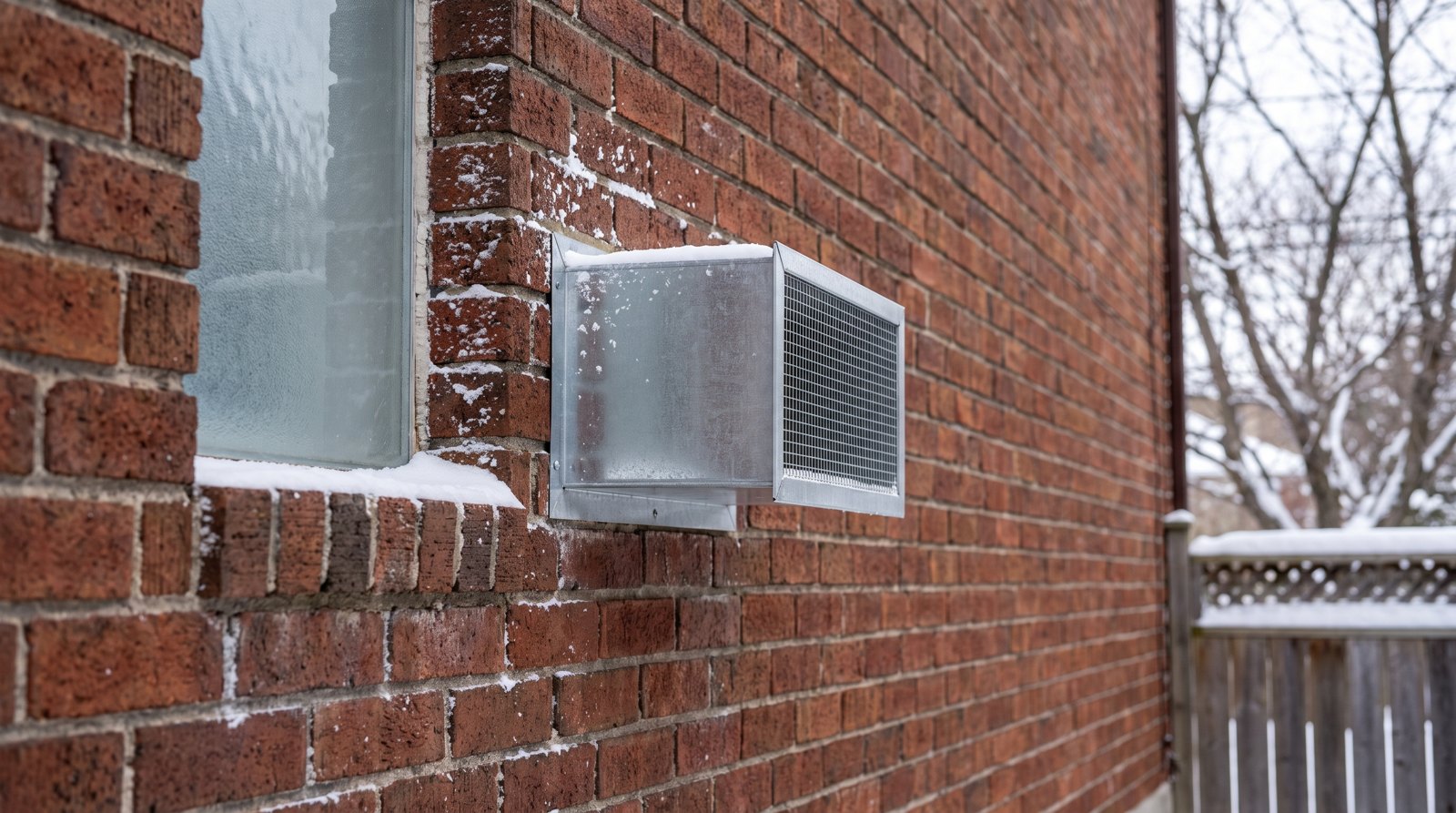 Prise d'air extérieure d'un système de ventilation sur un mur de briques enneigé d'une maison québécoise.