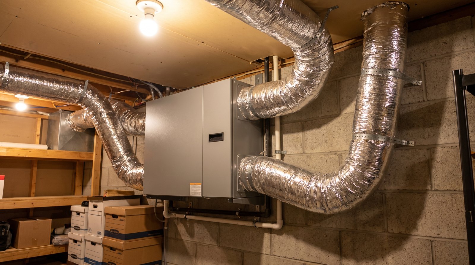 Échangeur d'air moderne et ses conduits isolés installés dans un sous-sol résidentiel pour contrôler l'humidité.
