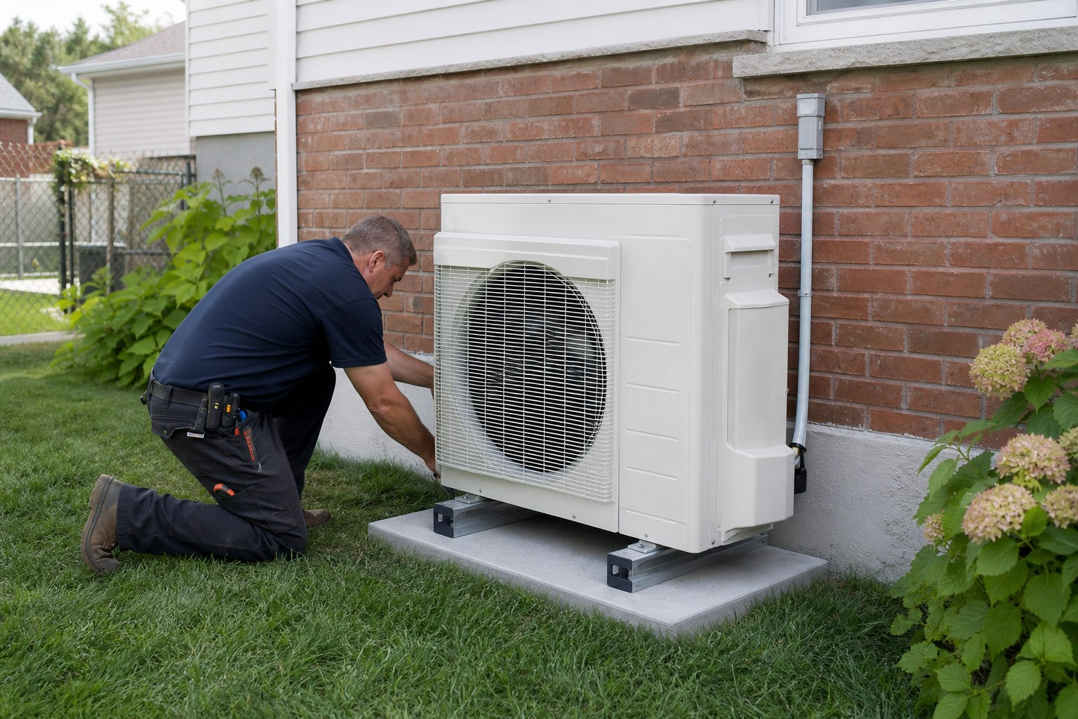 Technicien installant l'appareil extérieur d'une thermopompe sur une dalle de béton contre une maison de brique en banlieue de Montréal
