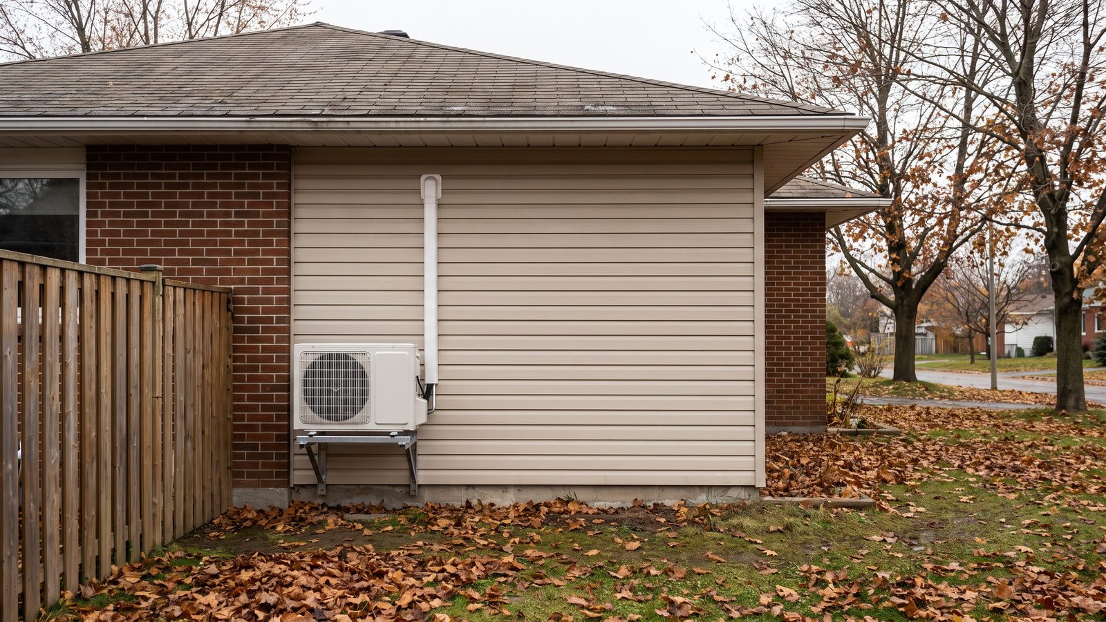Thermopompe murale sur support mural fixée au mur latéral en vinyle d'un bungalow de brique à Gatineau en fin d'automne