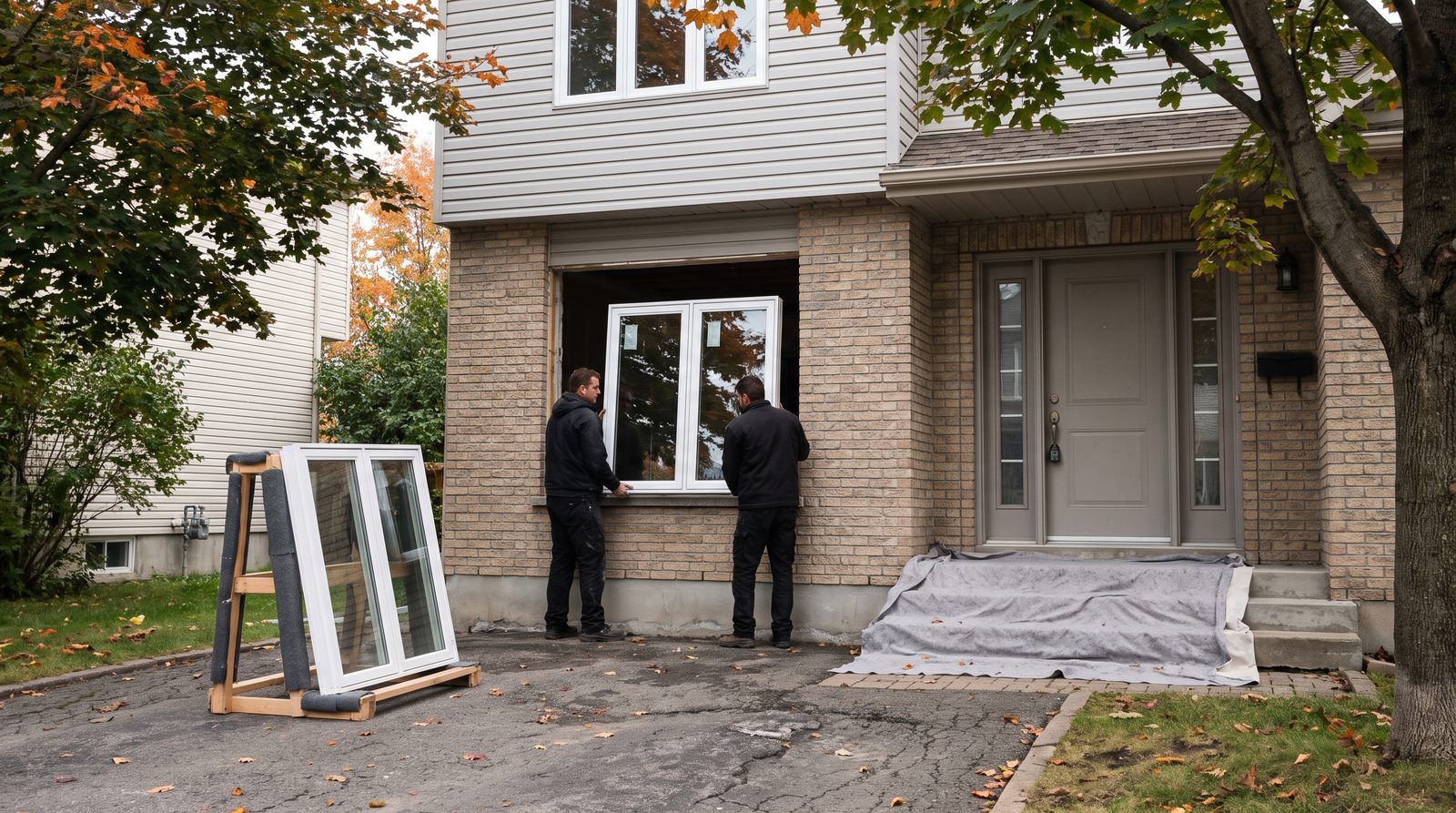 Deux installateurs posent une fenêtre à battant blanche neuve dans la façade de brique d'un cottage de Terrebonne en automne