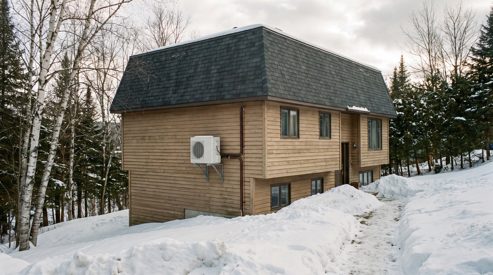 Maison à paliers en bois sur un terrain boisé enneigé des Laurentides avec une thermopompe murale fixée haut sur un support