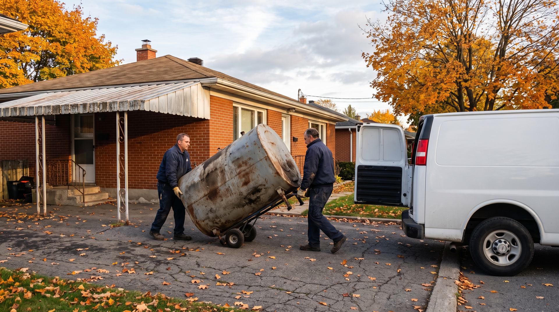 Deux techniciens sortent un vieux réservoir de mazout rouillé sur un diable devant un bungalow de brique à Laval en automne