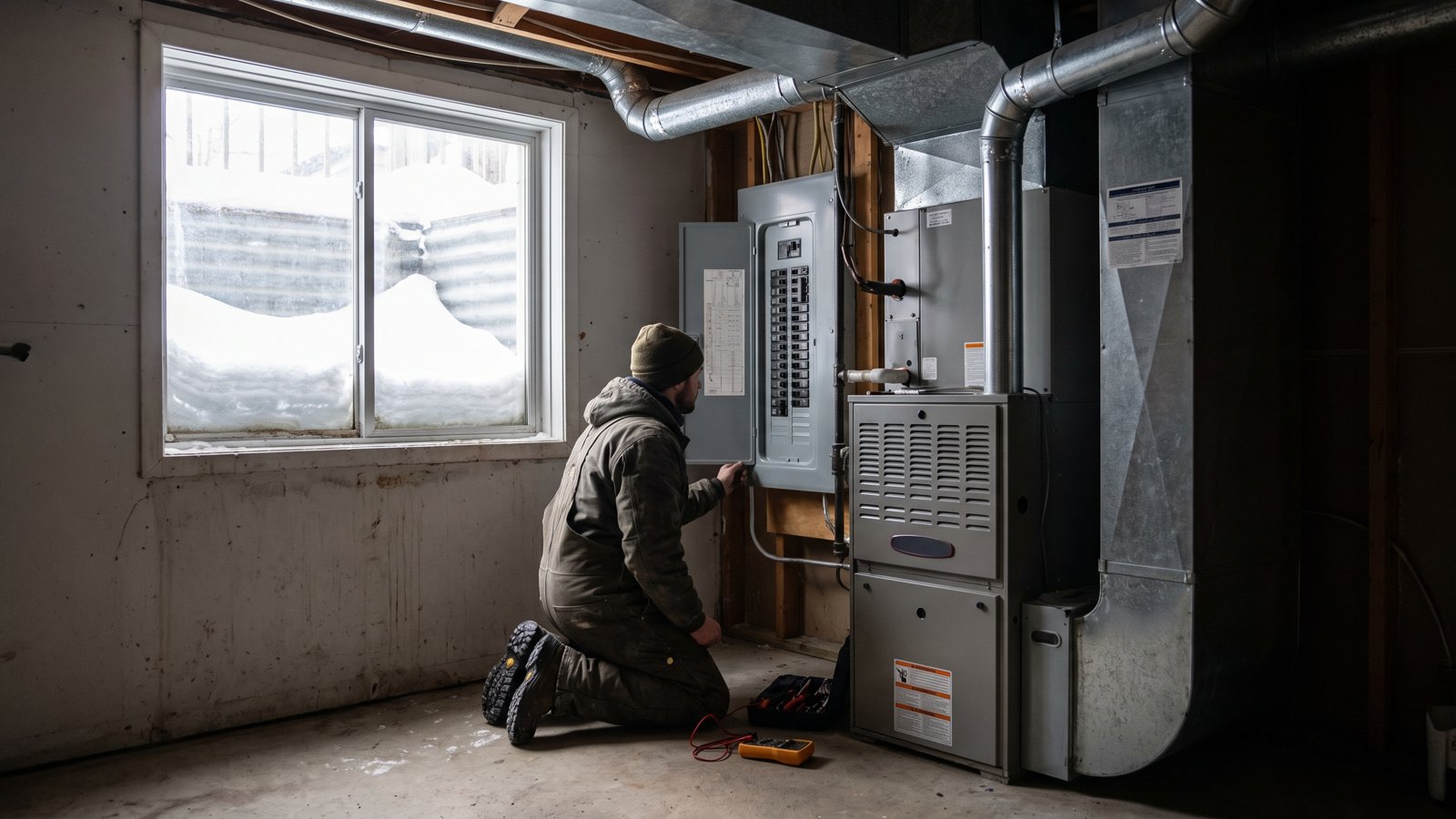 Technicien vérifiant le panneau électrique près d'une fournaise dans un sous-sol résidentiel à Gatineau en hiver